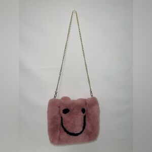 Pink Faux Fur Smiley Face Crossbody Bag